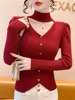 红色v领挂脖针织衫女春季泡泡，袖修身显痩短款毛衣打底衫上衣