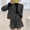 韩国chic秋季小众气质翻领一粒扣长袖短款西装，外套+阔腿短裤套装