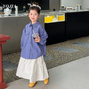中大女童长袖衬衫春装25新款女孩韩版宽松格子衬衣上衣薄110~170