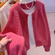 2024韩版宽松慵懒外穿拉链针织开衫短款玫红色毛衣外套女秋季