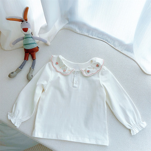 1岁女宝宝长袖T恤春秋可爱婴儿刺绣翻领打底衫白色百搭公主上衣棉