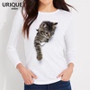 3D立体逼真萌猫咪莫代尔长袖T恤女圆领可爱动物图案印花情侣装