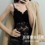 外穿女内衣时尚全蕾丝打底背心式带胸垫无钢圈百搭款长款文胸