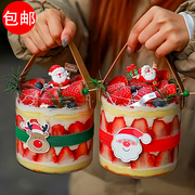 网红圣诞节草莓奶油桶透明手提桶蛋糕装饰圣诞老人麋鹿甜品打包盒