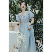 法式迪士尼蓝色在逃公主礼服裙，油画宫廷风吊带，连衣裙仙气超仙森系