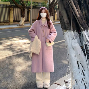 韩系秋冬季复古赫本风，紫色单排扣毛呢外套，小个子呢子大衣女中长款