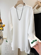 古典美NEW 新中式绿色盘扣拼接开叉白色长袖T恤女 宽松中长打底衫