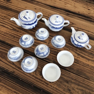 80年代原国营厂出口库存，龙窑瓷器手绘青花人物茶壶，杯子茶具主人杯