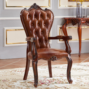 欧式餐椅美式复古做旧家用椅子真皮实木雕花靠背椅扶手椅酒店餐椅