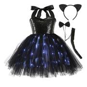 万圣节服装led灯发光裙黑色，猫咪tutu纱，女童连衣裙跨境派对公主裙
