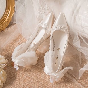 主纱婚鞋粗跟高跟鞋绸缎新娘，鞋白色蝴蝶结尖头，珍珠蕾丝单鞋孕妇鞋