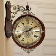 欧式双面客厅挂钟静音两面时钟，实木复古石英钟表，墙壁钟表时尚创意