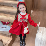 女童连衣裙冬季儿童红色，喜庆过年服女宝宝，秋冬新年拜年服裙子兔包