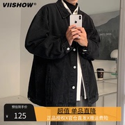 viishow黑色牛仔外套，男秋季复古翻领工装夹克ins潮牌潮牌休闲上衣