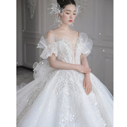 白色法式轻主婚纱2024夏季新娘公主超仙宫廷风大拖尾遮粗手臂