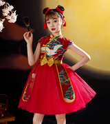 国潮女童旗袍夏季中国风，红色洋气儿童礼服高端古风唐装走秀小女孩