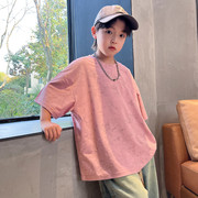 中大男童圆领半袖体恤衫字母，印花粉色潮宝男孩，粉红色韩版短袖t衫