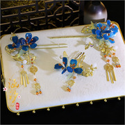新中式蓝色造液花朵新颖汉服发簪，古装头饰新娘，跟妆晨袍造型秀禾发