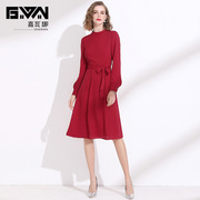 秋季女装2023红色，连衣裙显瘦系带收腰长袖，雪纺裙气质中长款