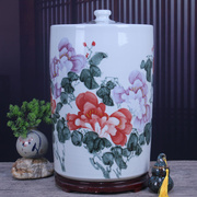 景德镇陶瓷手绘直筒米缸带盖密封储物缸米桶40斤100斤大号储物罐