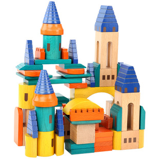 榉木制69粒拼搭城堡彩色环保儿童堆搭积木礼盒装早教益智玩具