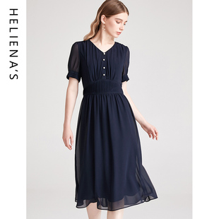 海兰丝春夏法式小众设计V领显瘦A字裙气质纯色雪纺连衣裙