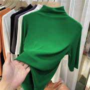 高领薄款打底衫女绿色中袖上衣，2024春夏洋气，轻熟风气质针织衫