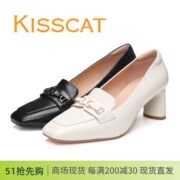 kisscat接吻猫2024春款粗跟小方头羊皮，高跟鞋百搭气质女鞋