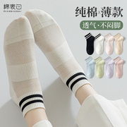白色条纹运动袜子女士短袜夏季薄款100%纯棉网眼透气夏天短筒棉袜