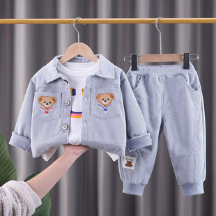 婴儿衣服春装韩版灯芯绒可爱小熊外套，三件套6七8九个月男宝宝套装