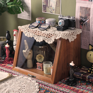 复古实木桌面抽屉式收纳盒，木质化妆品水乳展示柜茶具，茶杯整理盒子