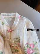 新中式国风玫瑰刺绣拼接蕾丝，衬衫夏季女2024复古雪纺立领长袖衬衣