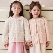 bebezoo韩国童装2023秋女童，长袖外套提花，针织开衫蕾丝小翻领上衣