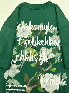 日系复古墨绿色短袖t恤女夏设计感小众植物花卉印花宽松半袖上衣