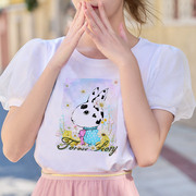 圆领宽松短袖t恤女小众设计感兔子印花上衣白色网纱泡泡袖体恤女