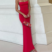 欧美风裙子时尚性感纯色修身露背经典女装纯欲夏季长裙细肩带红裙