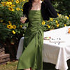 果绿色小吊带连衣裙长款仙女裙2024夏季法式抽绳设计感初恋裙