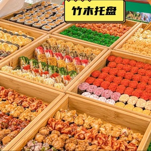 寿司摆摊托盘日式木质面包展示盒，一元自选木盘木盒甜品长方形专用