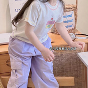 韩版童装夏季女童白色纯棉，短袖t恤儿童紫色，休闲工装裤运动套装