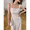 WANGXO白色无袖吊带连衣裙女春季2024收腰显瘦设计感长款裙子