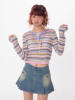 ziziFei春夏季美式复古短款撞色条纹设计感防晒镂空长袖上衣T恤女