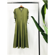 外贸订单夏季军绿色针织长裙简约休闲通勤短袖A字裙纯色常规