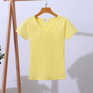 淡黄色t恤女v领短袖纯棉，修身短款上衣夏装纯色修身桃心领打底