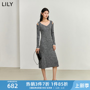 LILY2024春女装气质镂空法式优雅通勤复古方领长款针织连衣裙