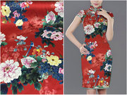 中国风牡丹花鸟数码喷绘重磅真丝弹力缎面料桑蚕丝绸旗袍布料