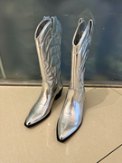 stradivarius银色高筒靴2023年春季尖头，粗跟女靴时尚牛仔靴