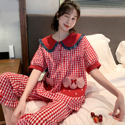 睡衣女夏季纯棉短袖，长裤两件套装韩版宽松学生红色格子春秋家居服