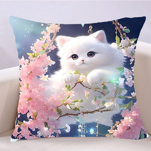 白色猫咪抱枕十字绣diy线绣卧室床头靠枕桃花小件印花自己绣