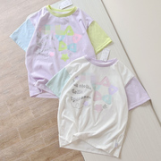 130-160出口日本童装夏季薄棉，宽松蝙蝠袖t恤女大童奶油色系拼接