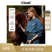 eland衣恋牛仔衬衫翻领，女士春季上衣蓝色，复古学院风纯棉衬衣